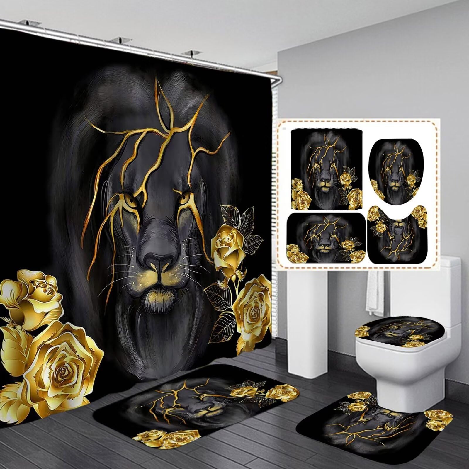 Jieprom Lion-Rose shower curtain adds vibrant bathroom style.