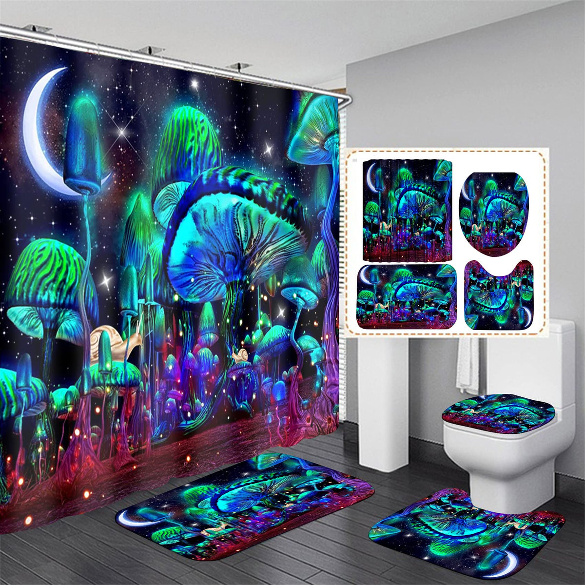 jieprom mushroom curtain set with vibrant HD pattern for a refreshed bathroom aesthetic