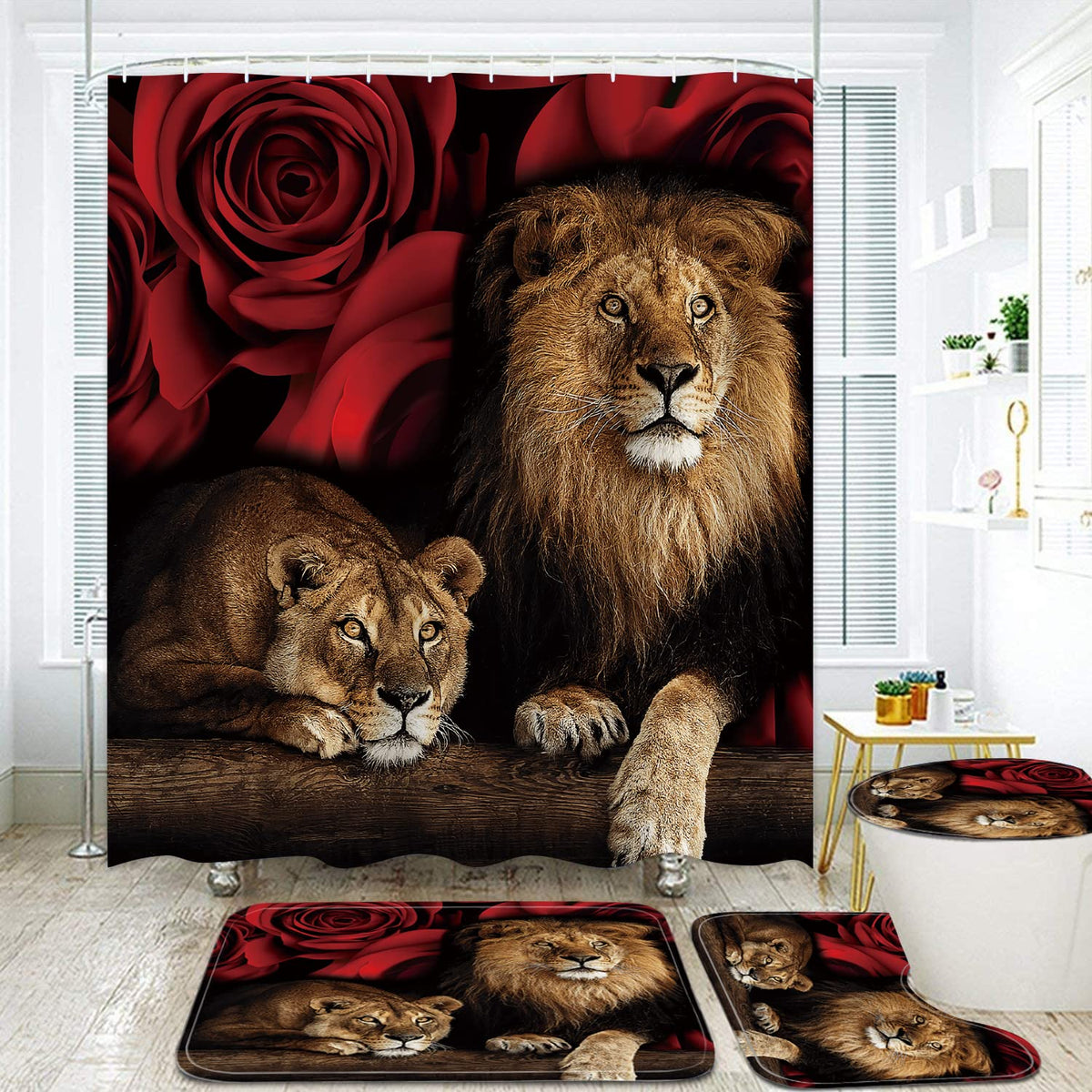 jieprom rose and lion shower curtain pattern with vibrant colors for a fresh bathroom look