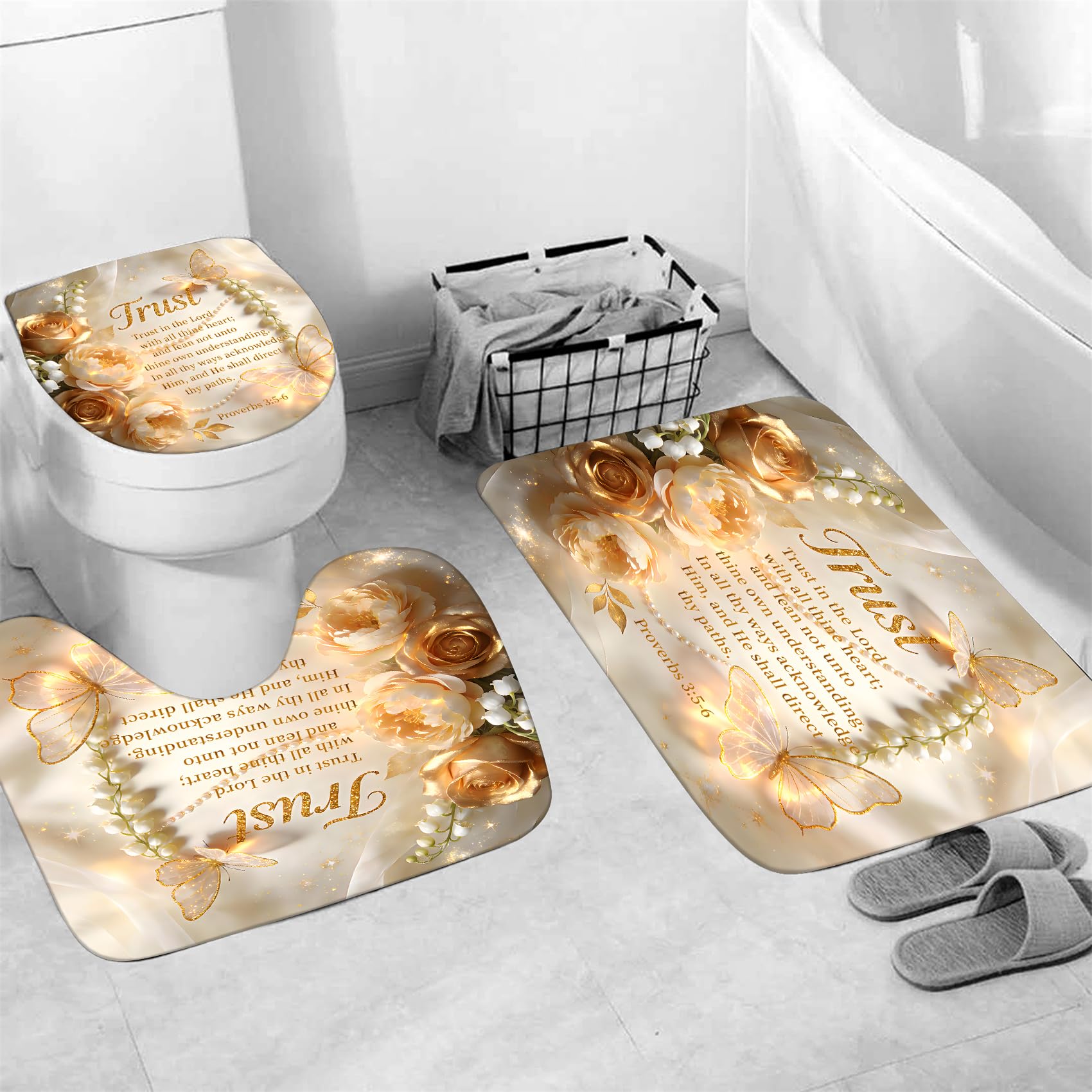 Jieprom toilet lid cover completes the coordinated bathroom set.