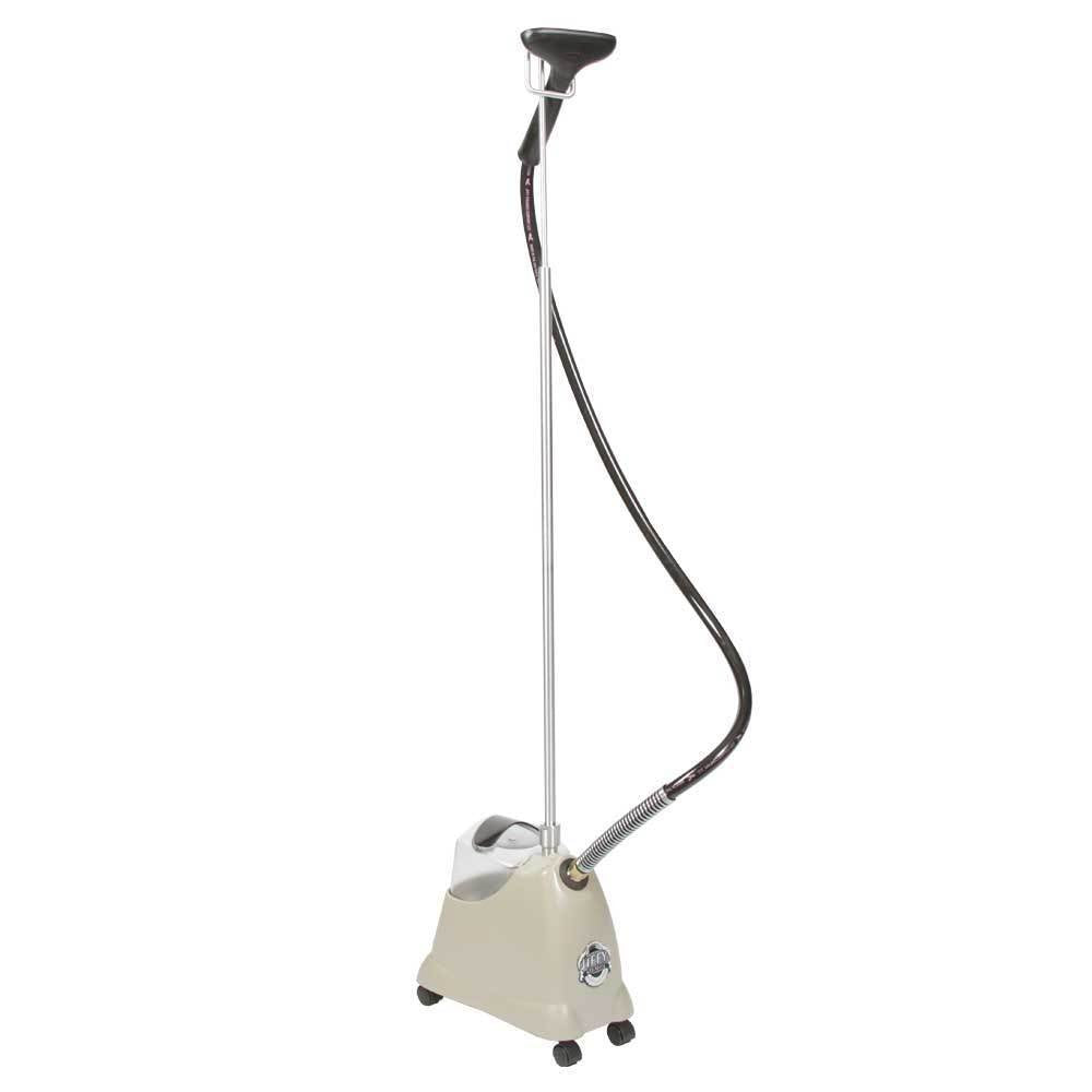 Jiffy Steamer J-2000 with plastic steam head for fast wrinkle removal on garments.