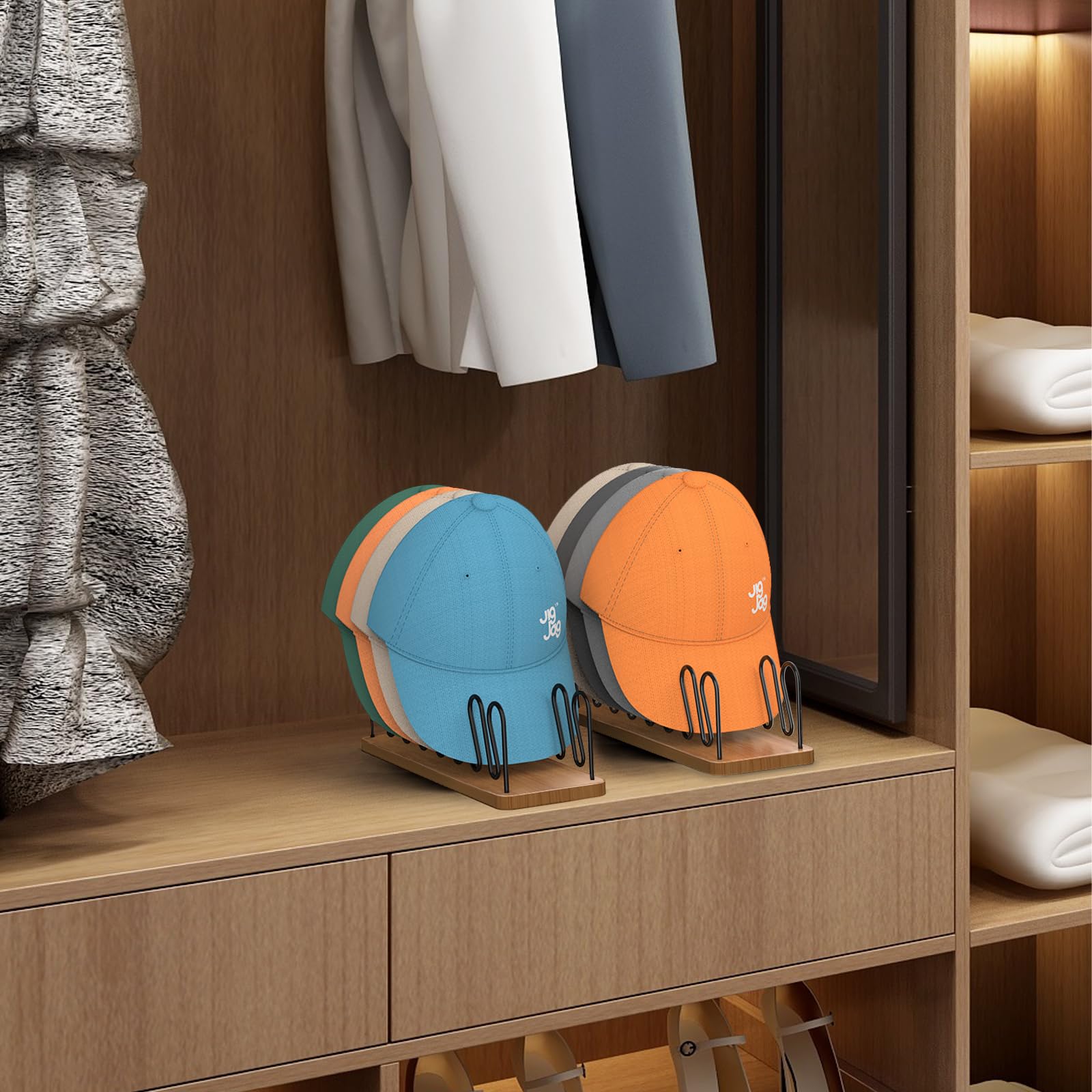 JigJag cap display holds seven caps per rack for tidy closet organization