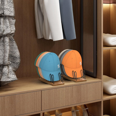 JigJag cap display holds seven caps per rack for tidy closet organization