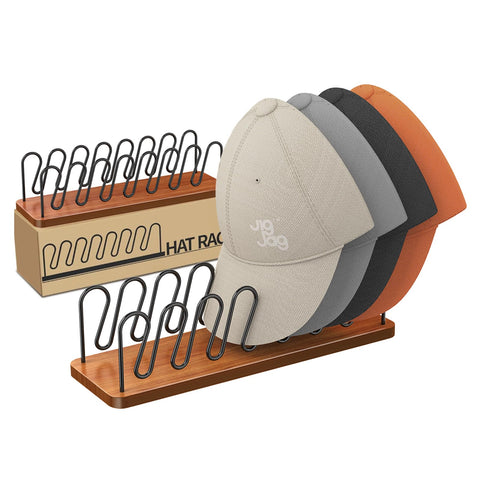 JigJag hat organizer two-pack on table keeping caps neatly organized for easy access