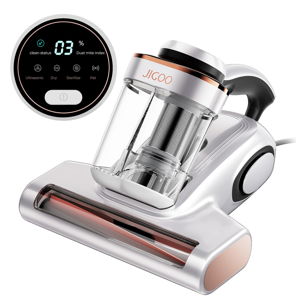 JIGOO bed vacuum cleaner with dust sensor shows real-time dust index on mattress.