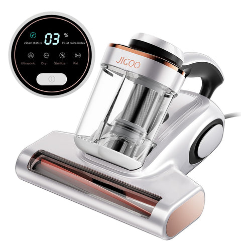 JIGOO bed vacuum cleaner with dust sensor shows real-time dust index on mattress.