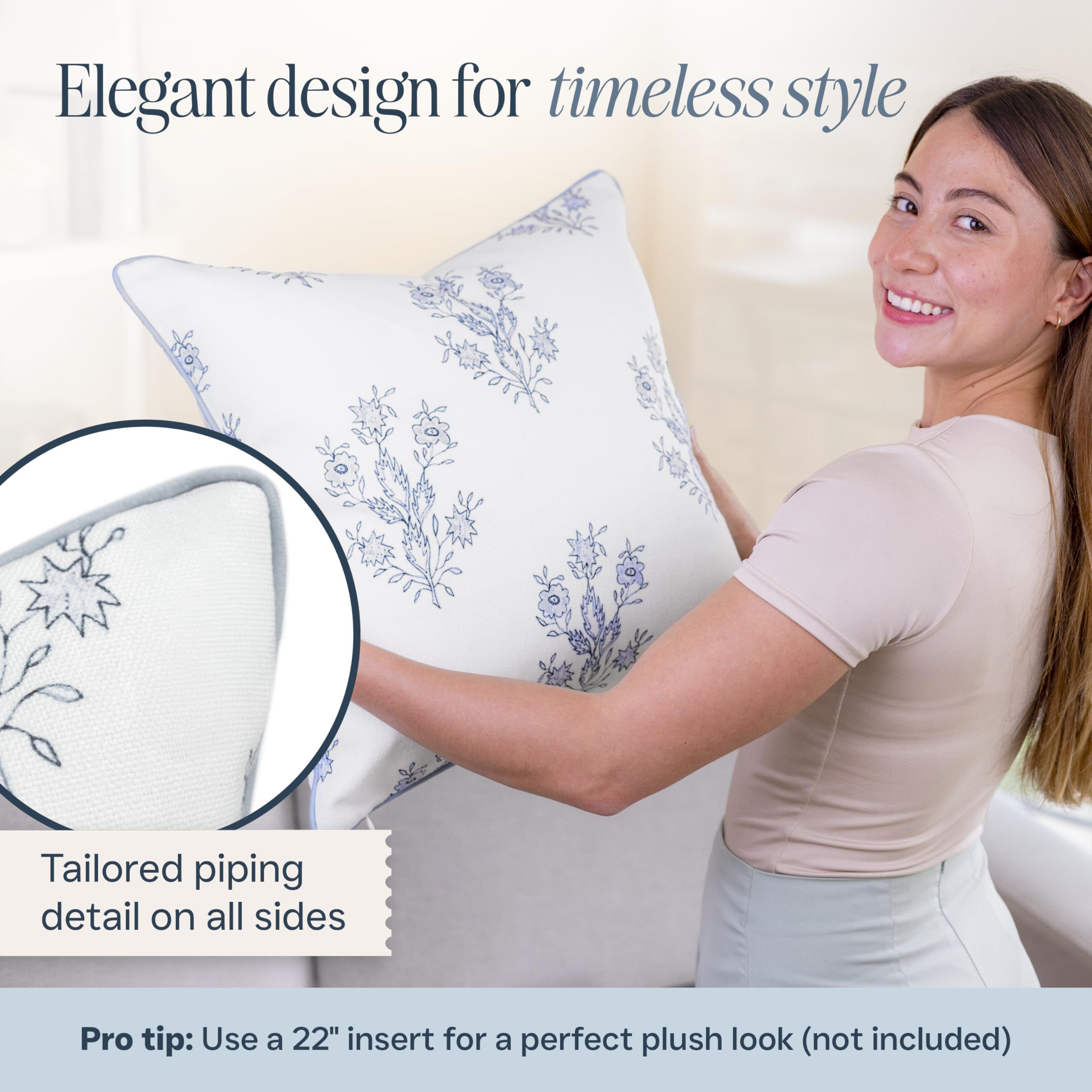Light blue piping on The Mary pillow cover adds refined contrast