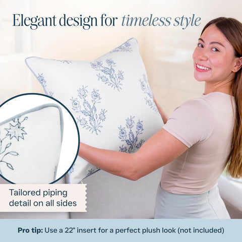 Light blue piping on The Mary pillow cover adds refined contrast