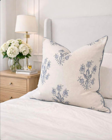Close-up of The Mary floral pattern on off-white background