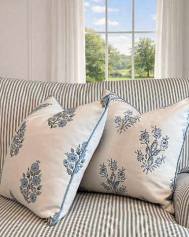 Jillien Harbor The Mary closeup shows periwinkle floral detail for cozy cottage style