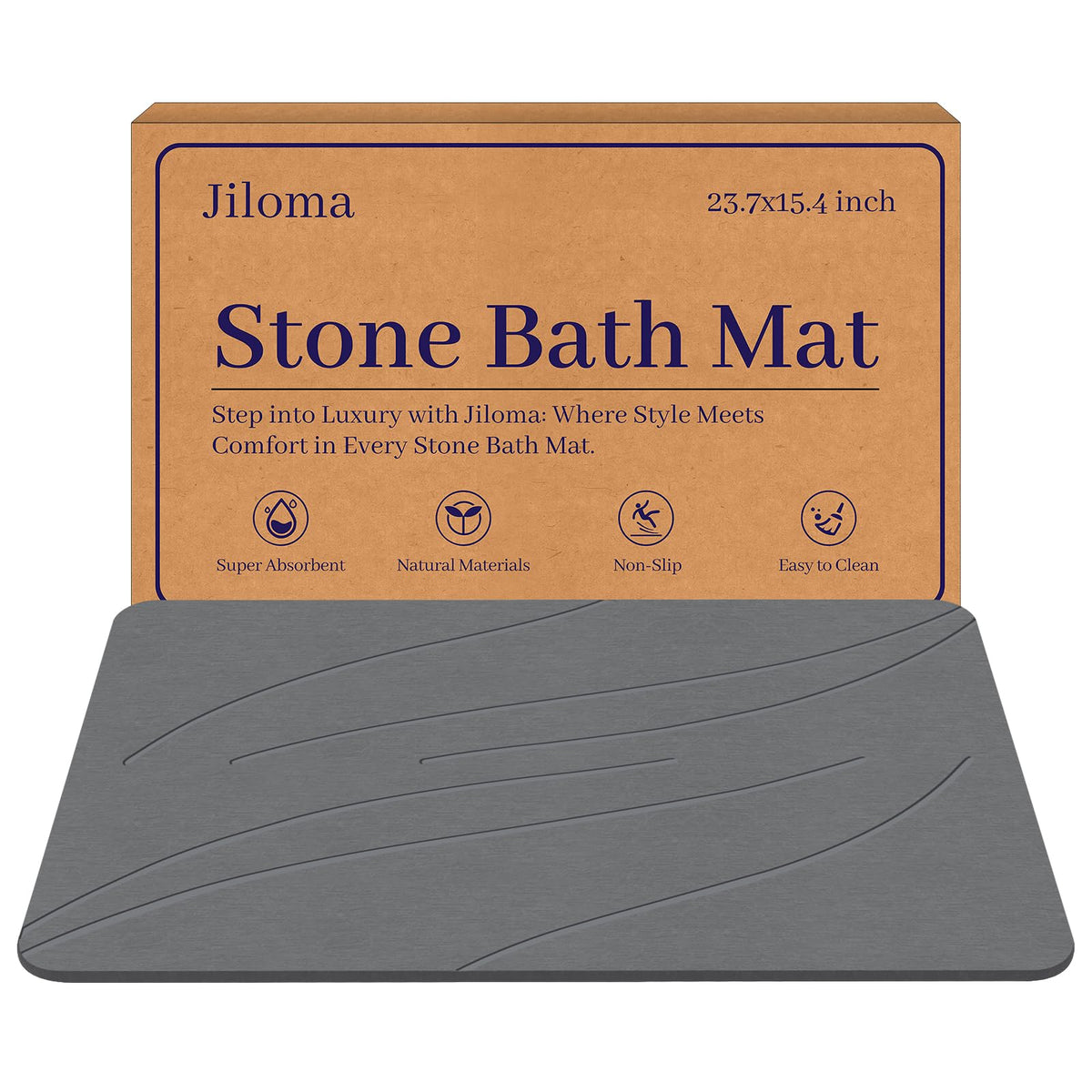 Jiloma Stone Bath Mat gray with diatomaceous earth for fast absorption and quick drying.