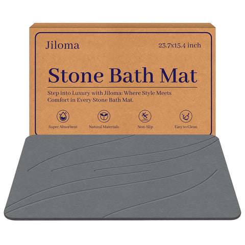 Jiloma Stone Bath Mat gray with diatomaceous earth for fast absorption and quick drying.