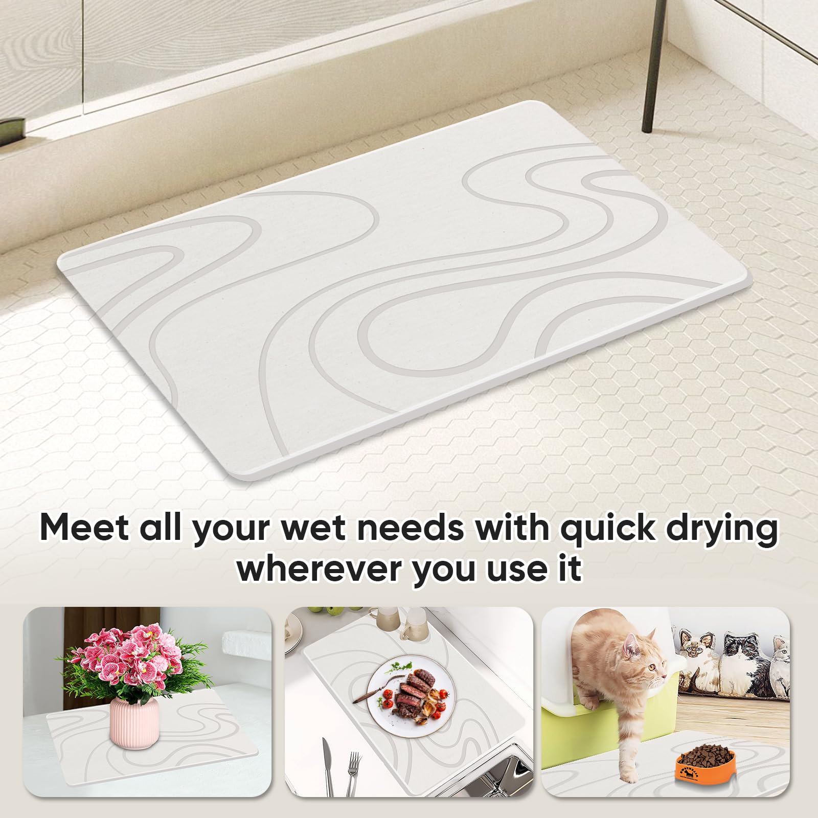 Jiloma stone bath mat includes rubber anti-slip base for stability.