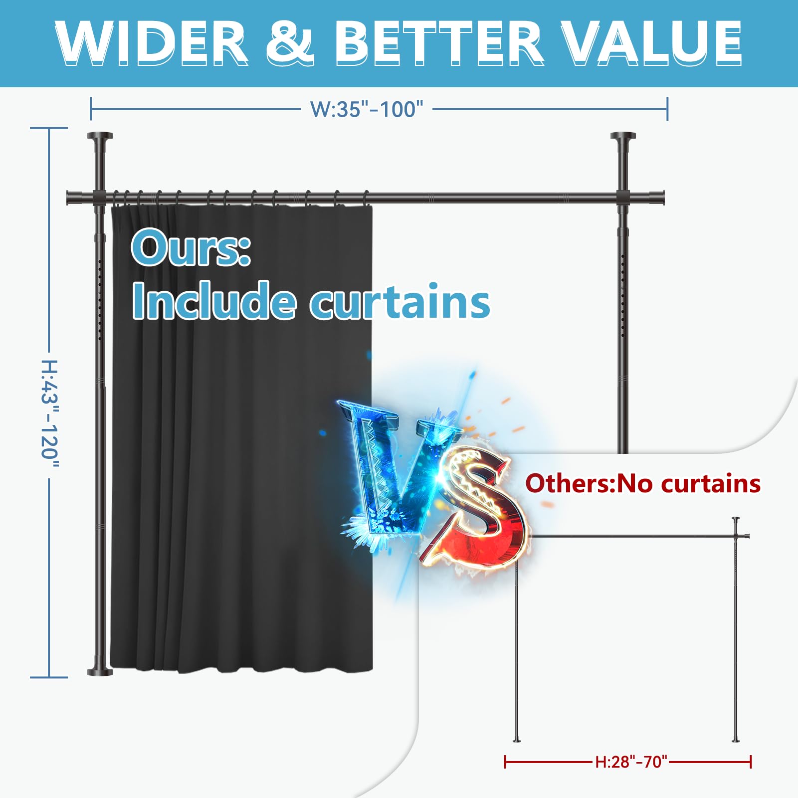 Jilron tension rod system secures a damage-free temporary partition setup.