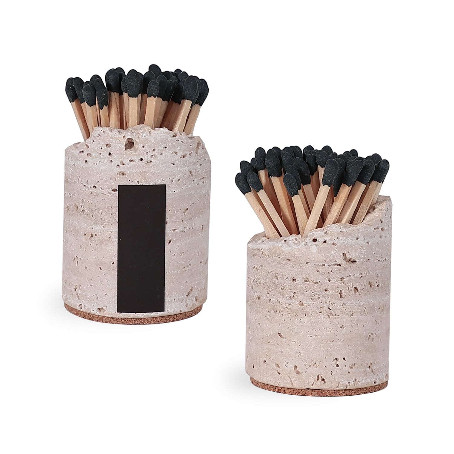 JIMEI travertine match holder with striker, front view for easy candle lighting