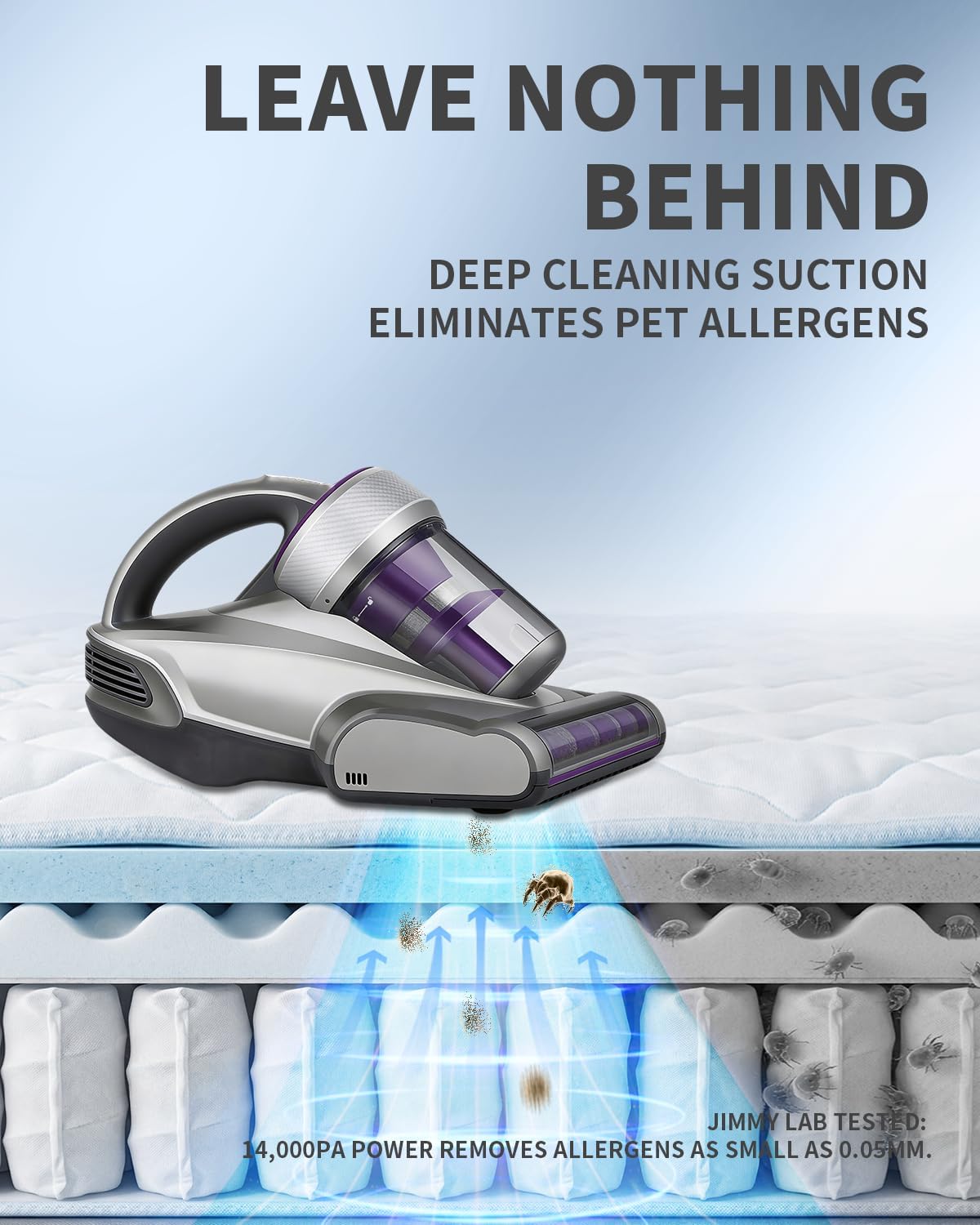 Jimmy Mattress Vacuum Cleaner wide 240mm suction port covers more area quickly.