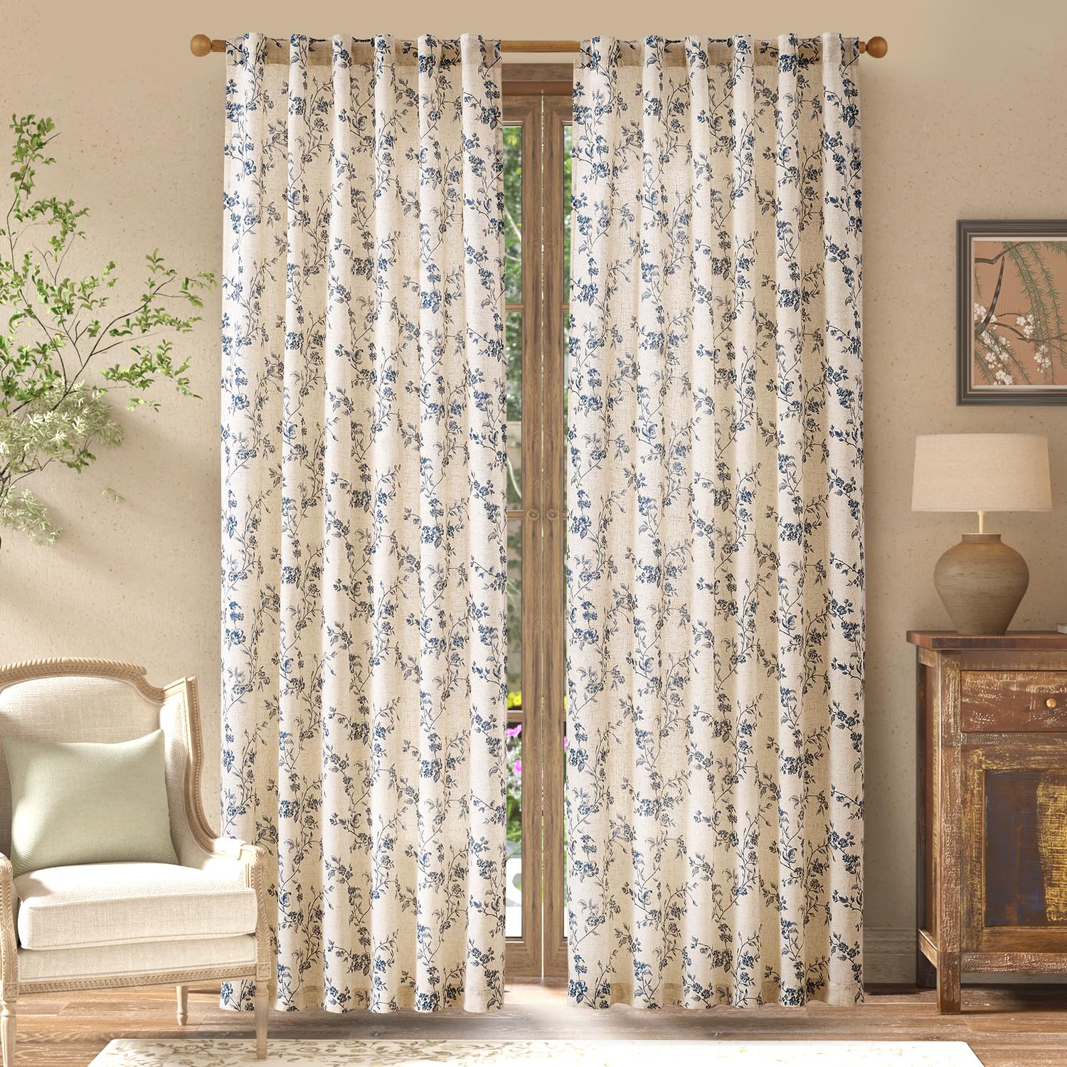 Jinchan back-tab curtains close-up showing farmhouse floral pattern.