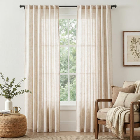 Jinchan beige linen blend curtains texture close-up, highlighting soft fabric feel and warmth