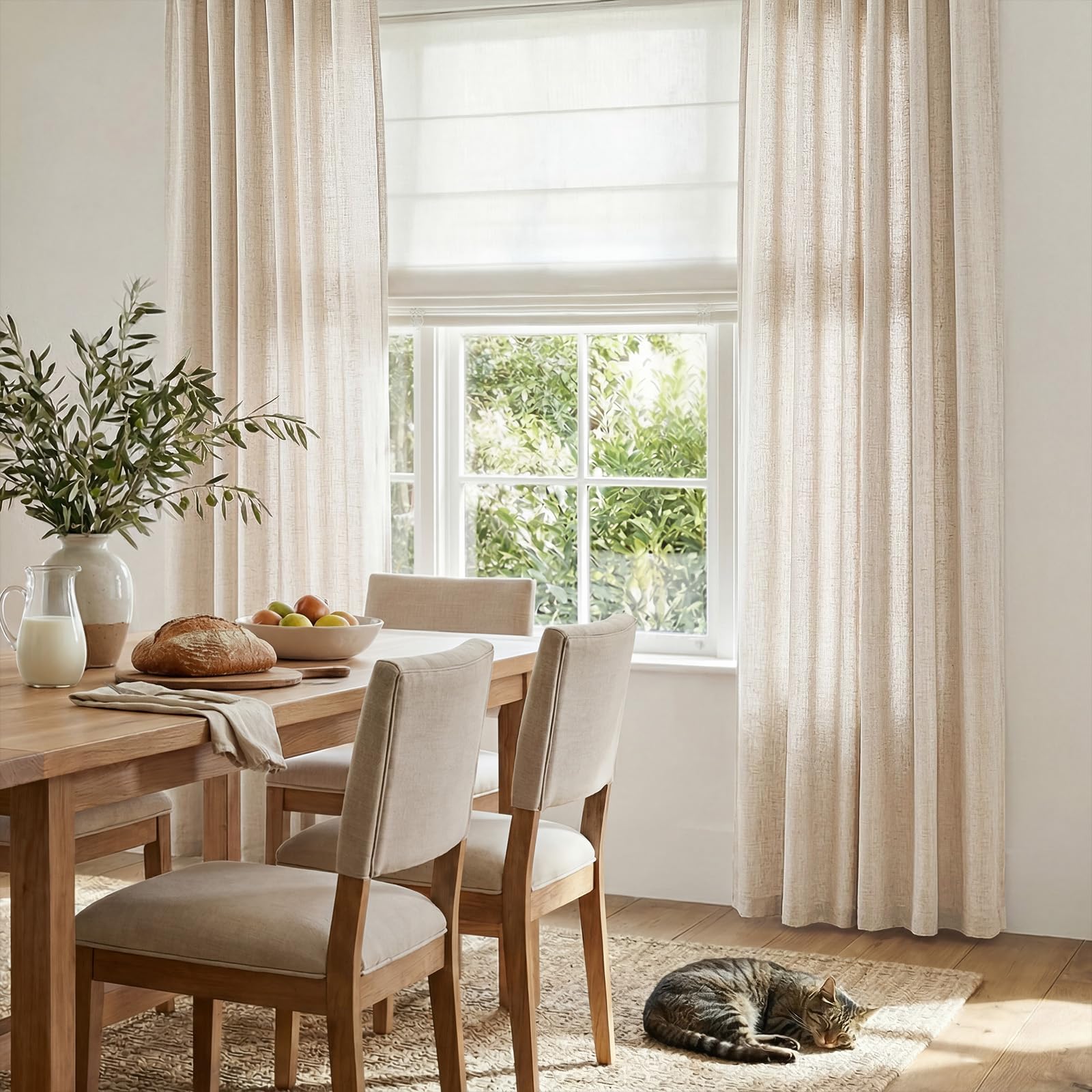 Jinchan two-panel beige linen blend curtains in dining or office setup