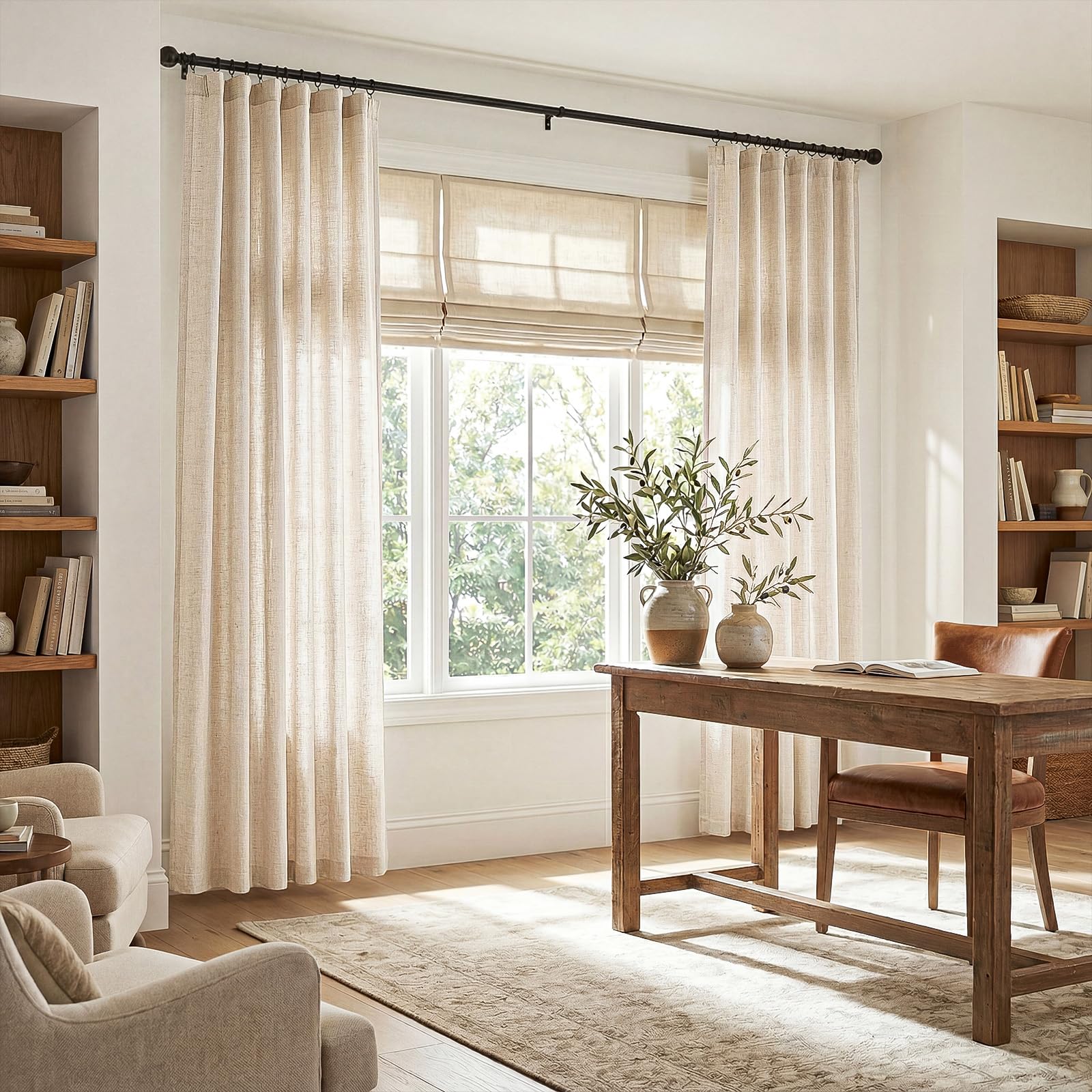 Jinchan two-panel beige linen blend curtains packaging and fit