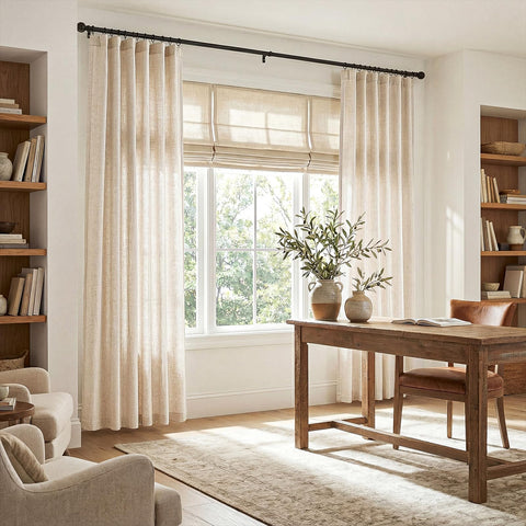 Jinchan two-panel beige linen blend curtains packaging and fit