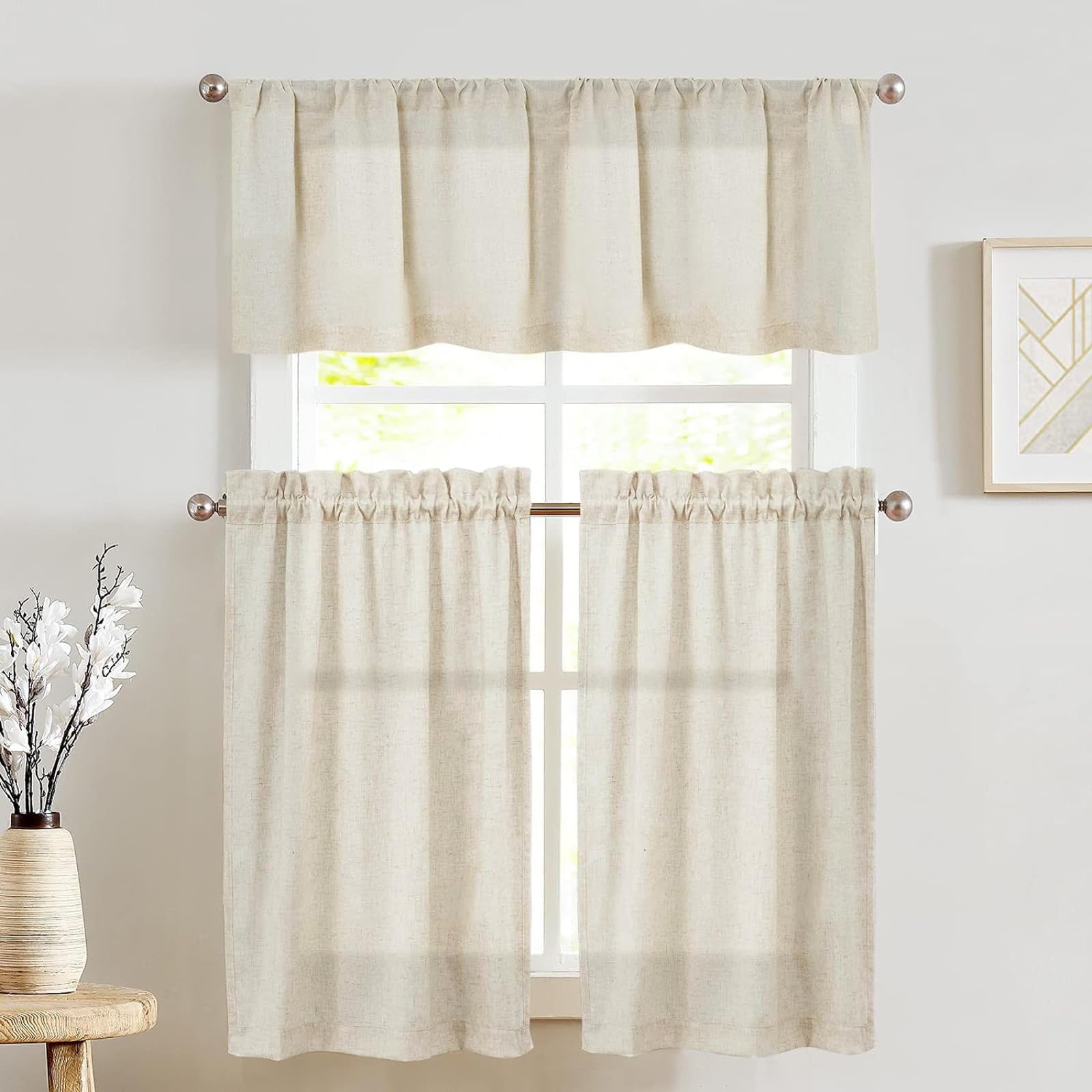 Jinchan beige linen kitchen curtains with tier set, soft neutral backdrop for small windows.