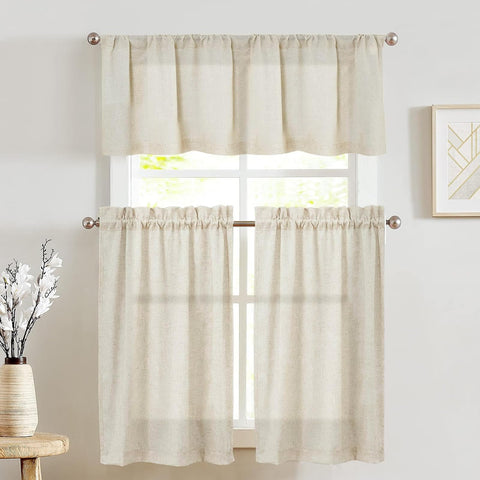 Jinchan beige linen kitchen curtains with tier set, soft neutral backdrop for small windows.
