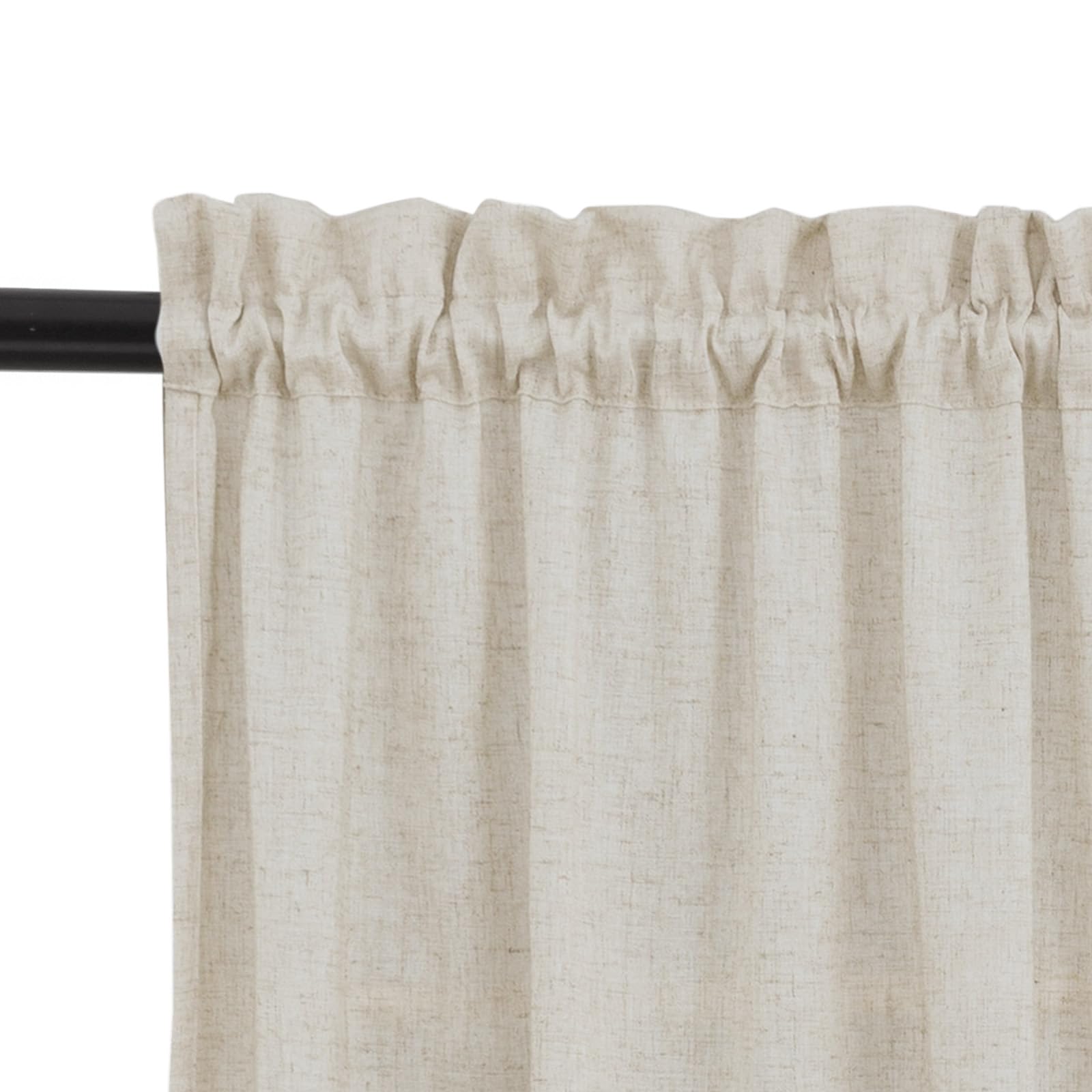 Closeup of Jinchan valance detail in beige linen, subtle texture and craftsmanship.