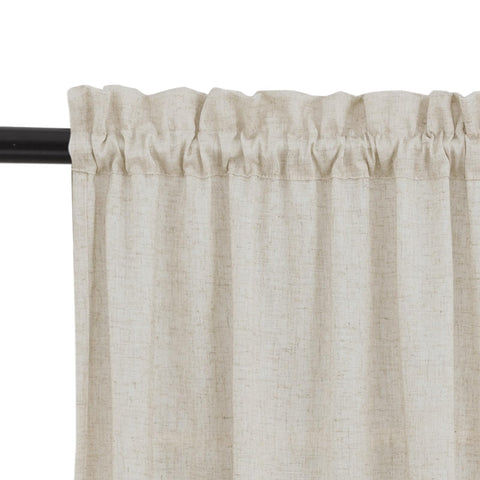 Closeup of Jinchan valance detail in beige linen, subtle texture and craftsmanship.
