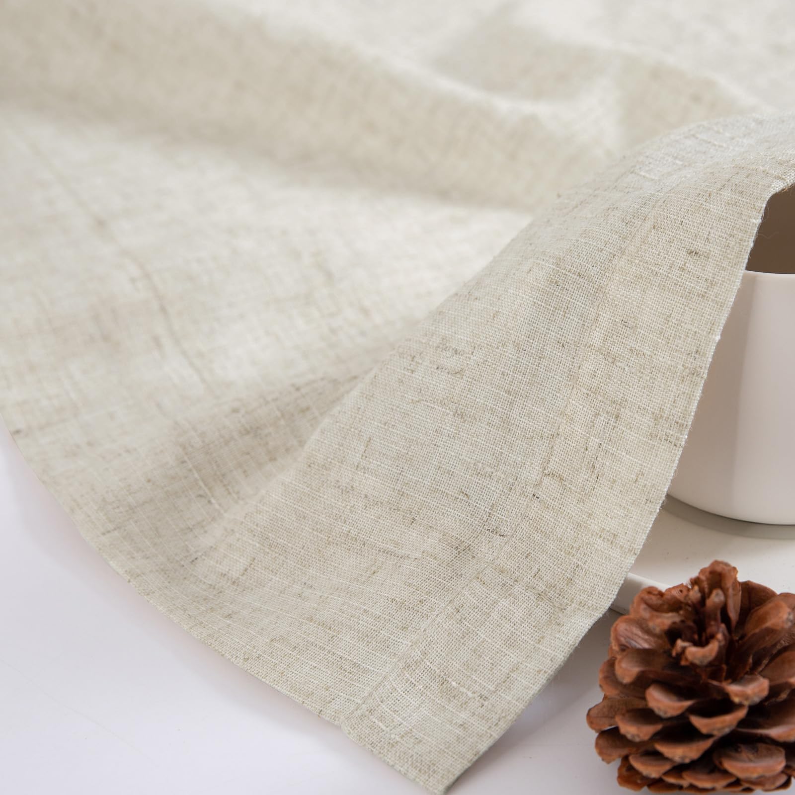 Jinchan beige linen tier curtains pictured in a serene bedroom setup.