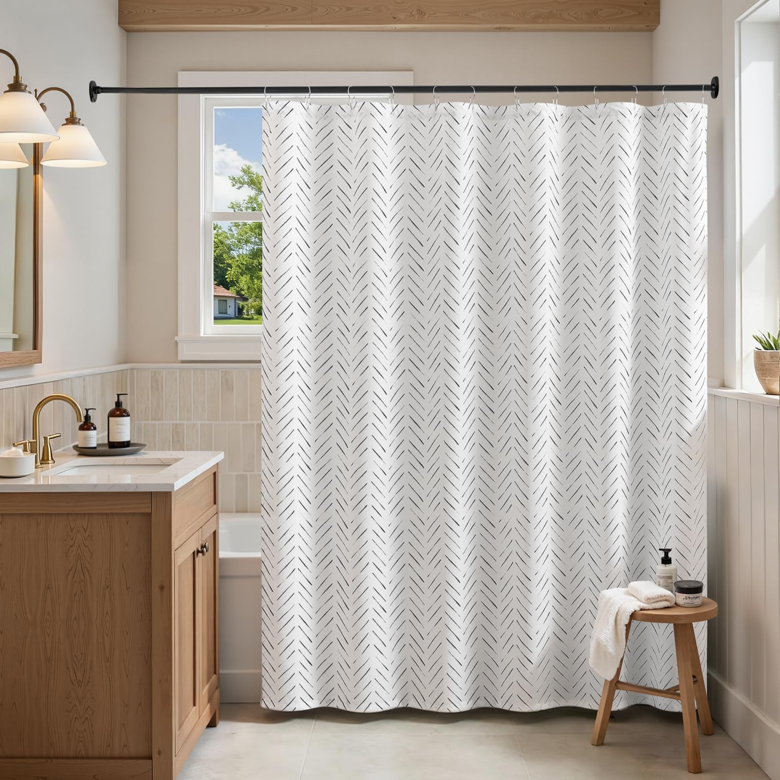 Jinchan inky-moss-herringbone curtain adds spa-like bathroom style.