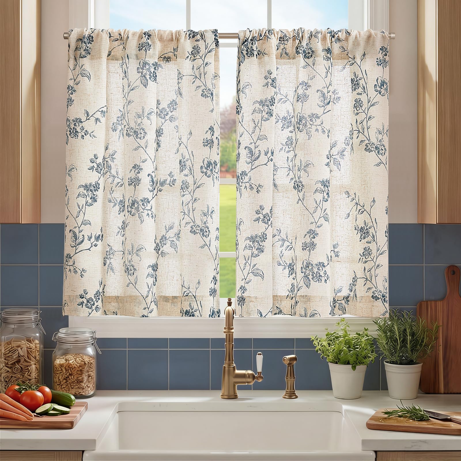 Jinchan floral kitchen curtains in blue-beige brighten the kitchen window with privacy