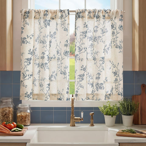 Jinchan floral kitchen curtains in blue-beige brighten the kitchen window with privacy