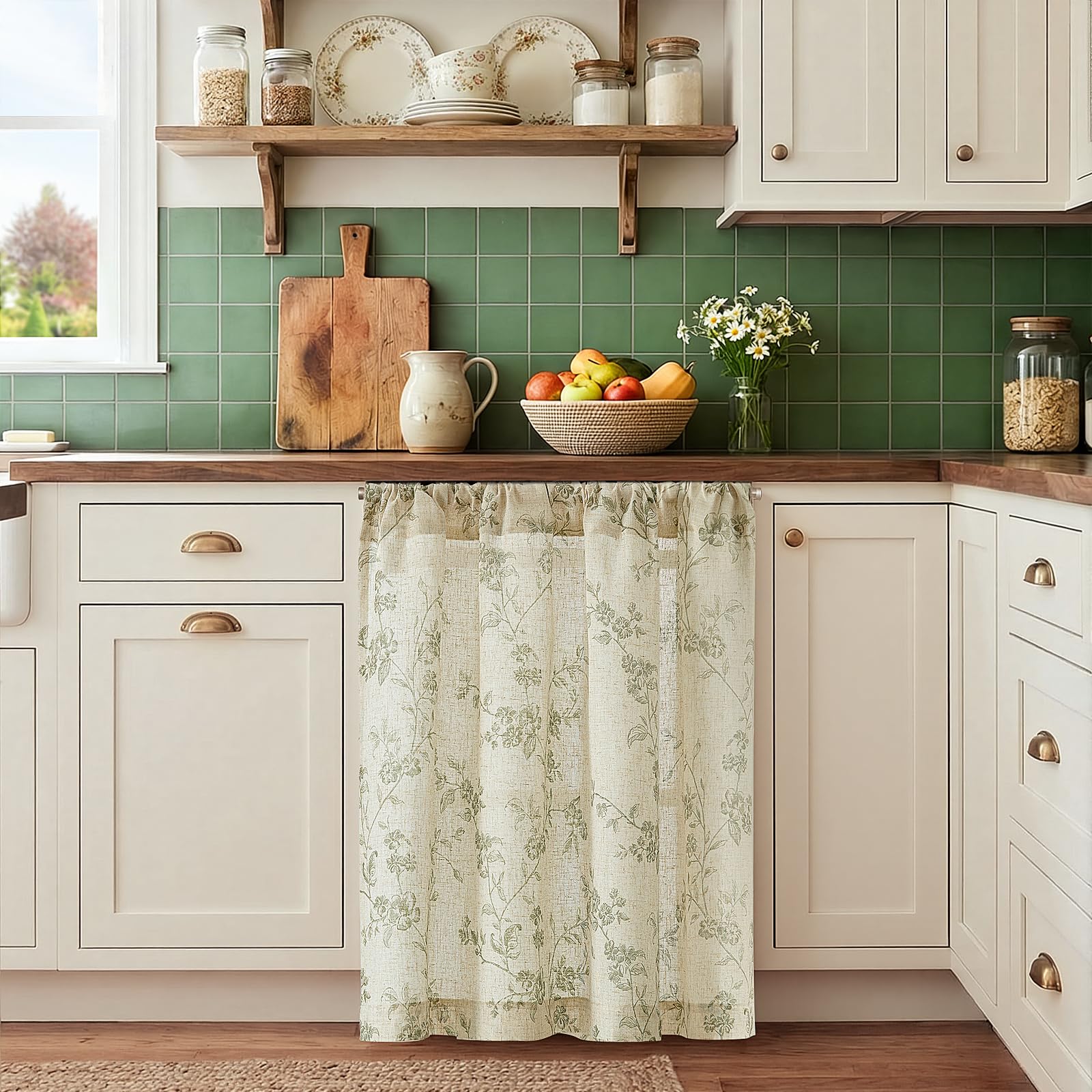 Jinchan two-panel set enhances kitchen windows with airy, semi-sheer floral pattern.
