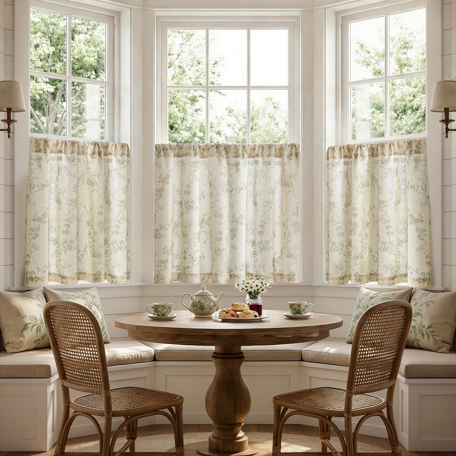 Jinchan sage green on beige curtains; vintage farmhouse charm for living rooms.