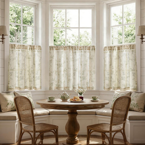 Jinchan sage green on beige curtains; vintage farmhouse charm for living rooms.