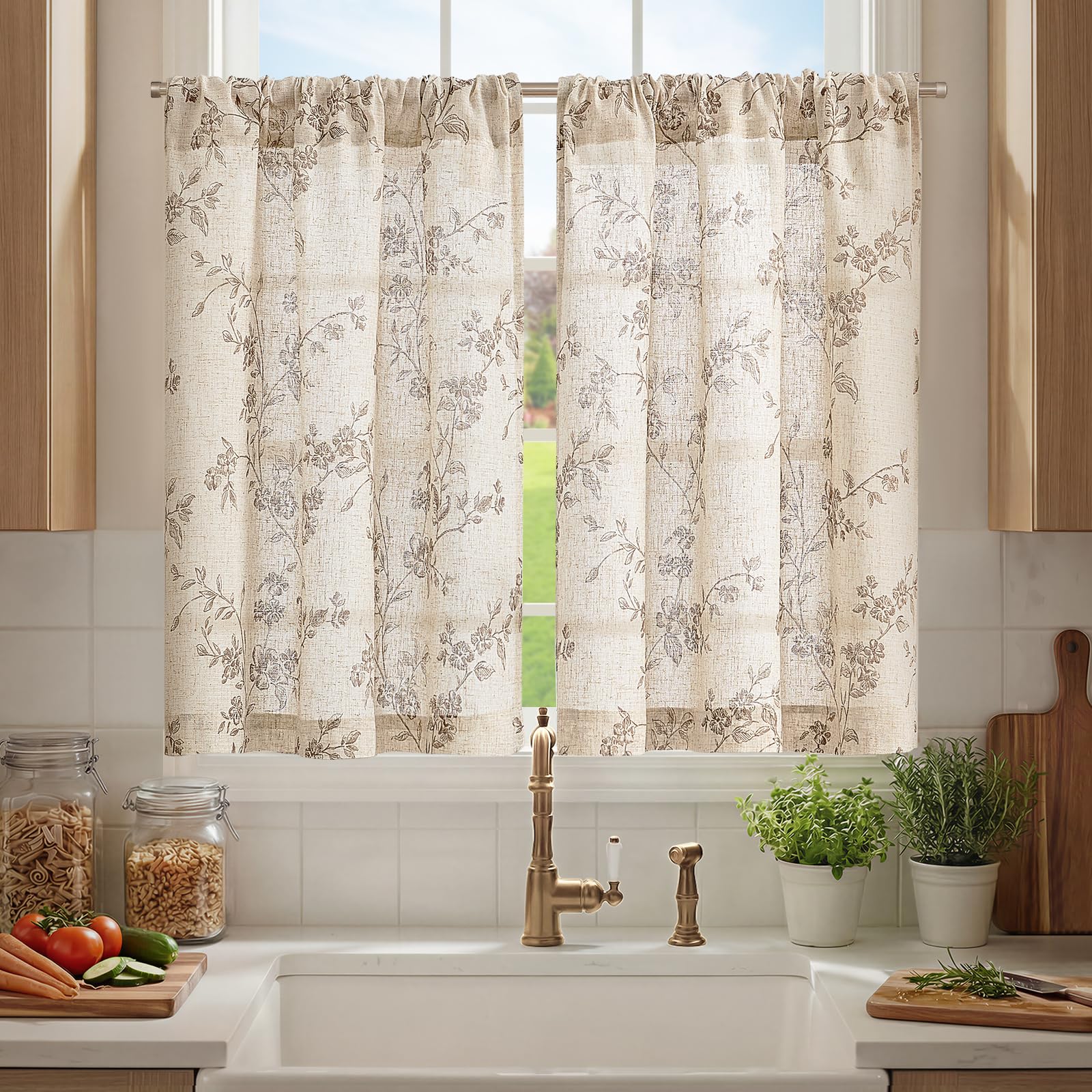 Jinchan floral kitchen curtains with linen texture for cozy, light-filtered kitchens.