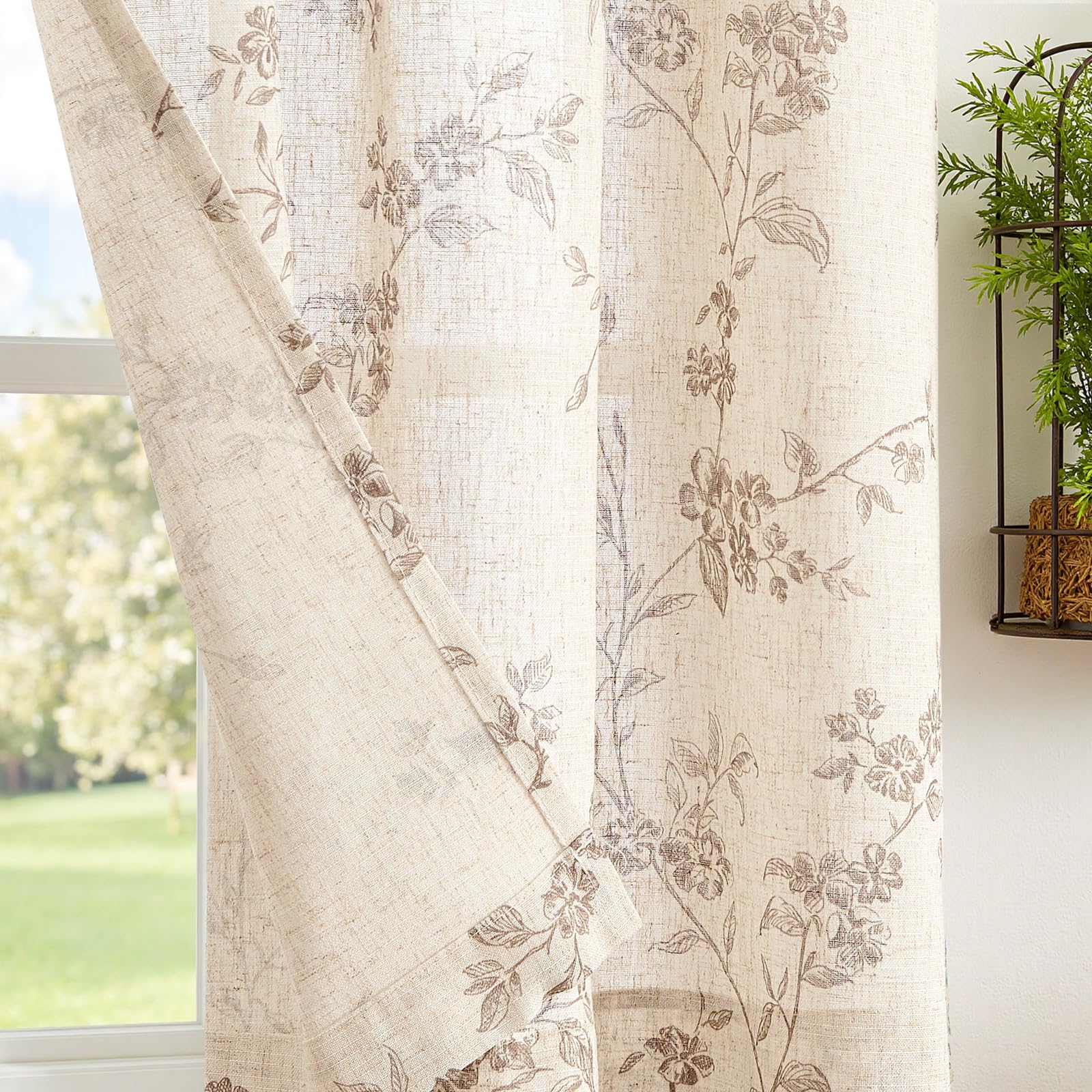 Jinchan floral kitchen curtains linen texture closeup showcases breathable, lightweight fabric.