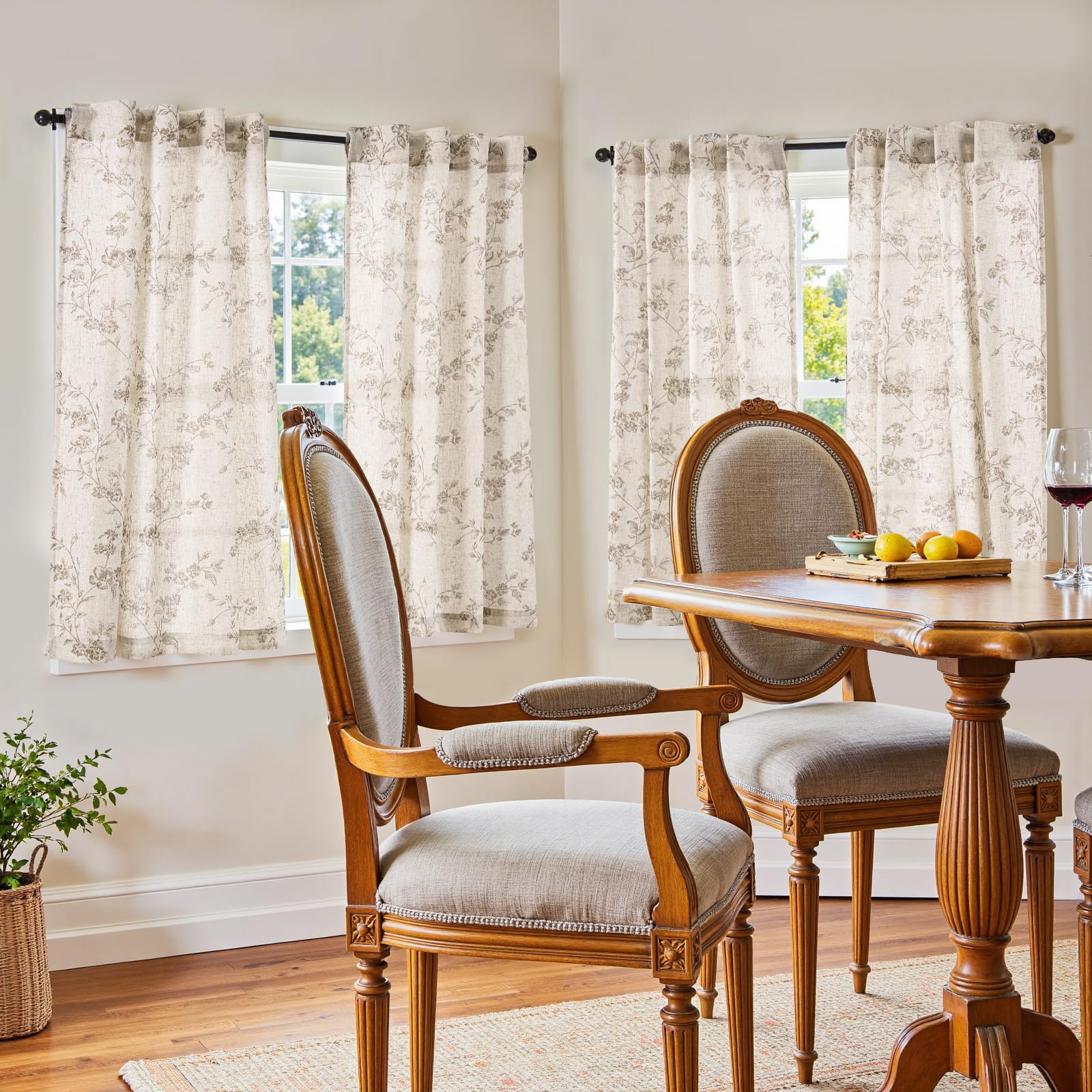 Jinchan Floral Kitchen Curtains pattern closeup highlighting oriental flowers for rustic charm.