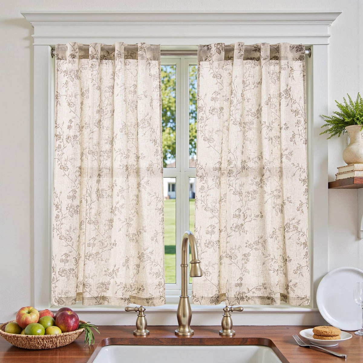 Jinchan floral kitchen curtains setup view on a small window showing easy installation.