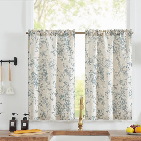 Jinchan floral linen tier curtains with blue flowers on beige fabric for cozy kitchen privacy.