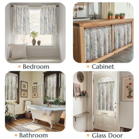 Jinchan blue floral linen tier curtains framing a kitchen window with soft light.
