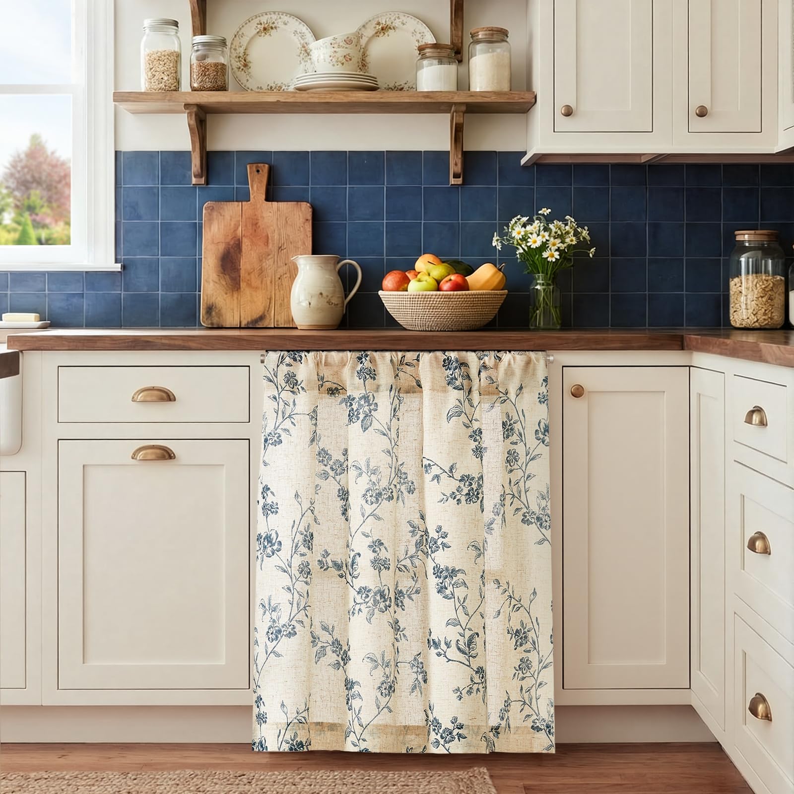 Jinchan linen tier curtains over sink filter light softly while keeping glare at bay