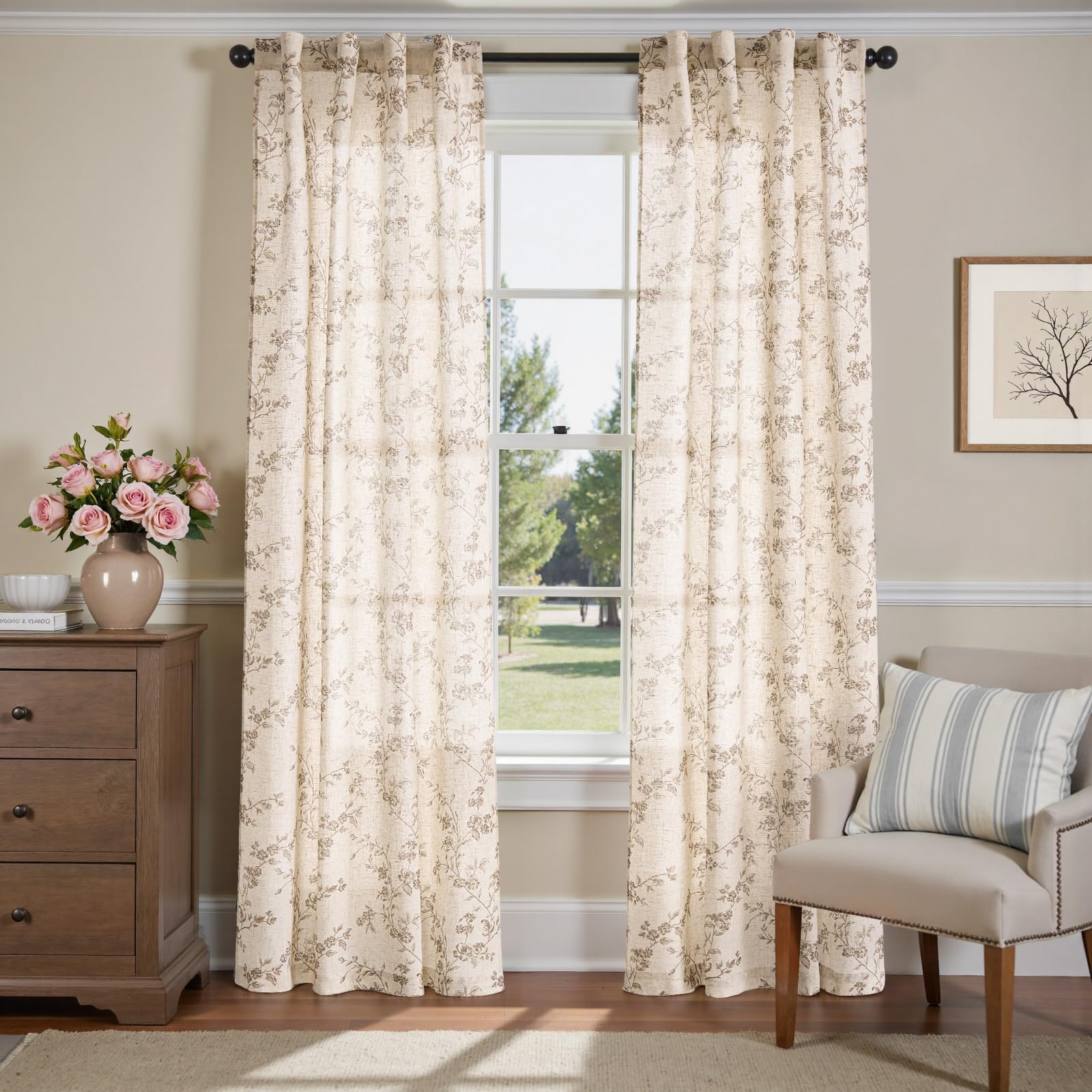 Jinchan linen floral curtains in a living-room setting diffuse sunlight with soft privacy