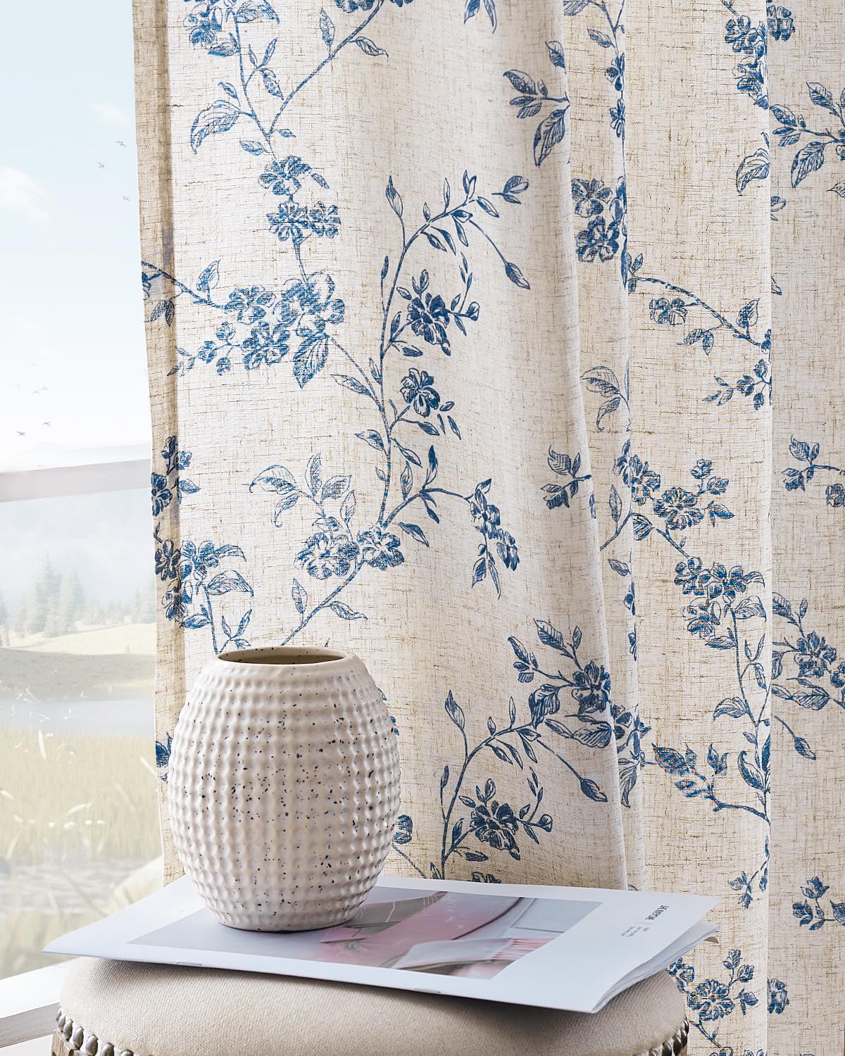 Jinchan linen floral curtains in blue for living room, soft light and style.