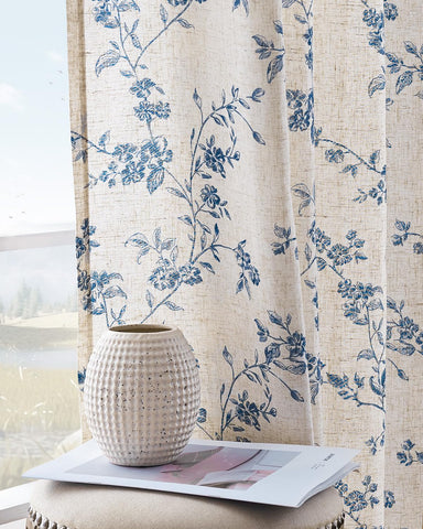 Jinchan linen floral curtains in blue for living room, soft light and style.