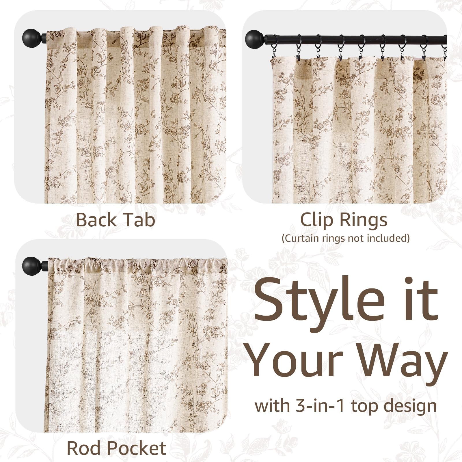 Jinchan linen floral curtains rod-pocket top design enables quick, clean setup