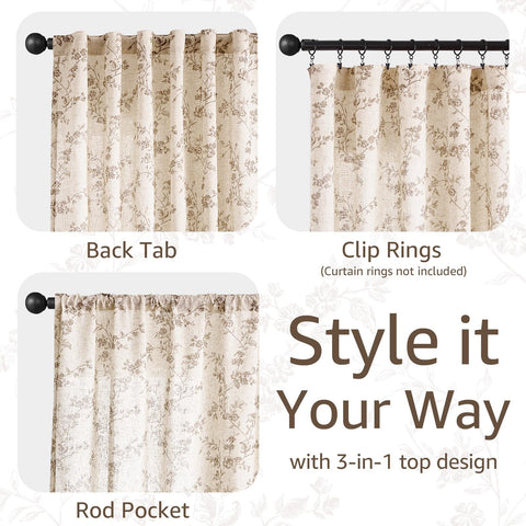 Jinchan linen floral curtains rod-pocket top design enables quick, clean setup