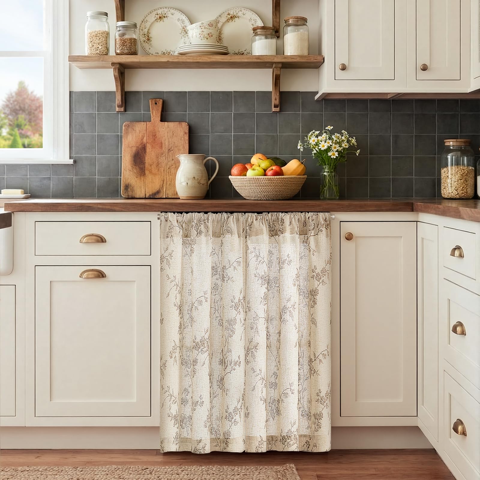 Jinchan linen tier curtains, two panels, ideal for over-sink privacy.