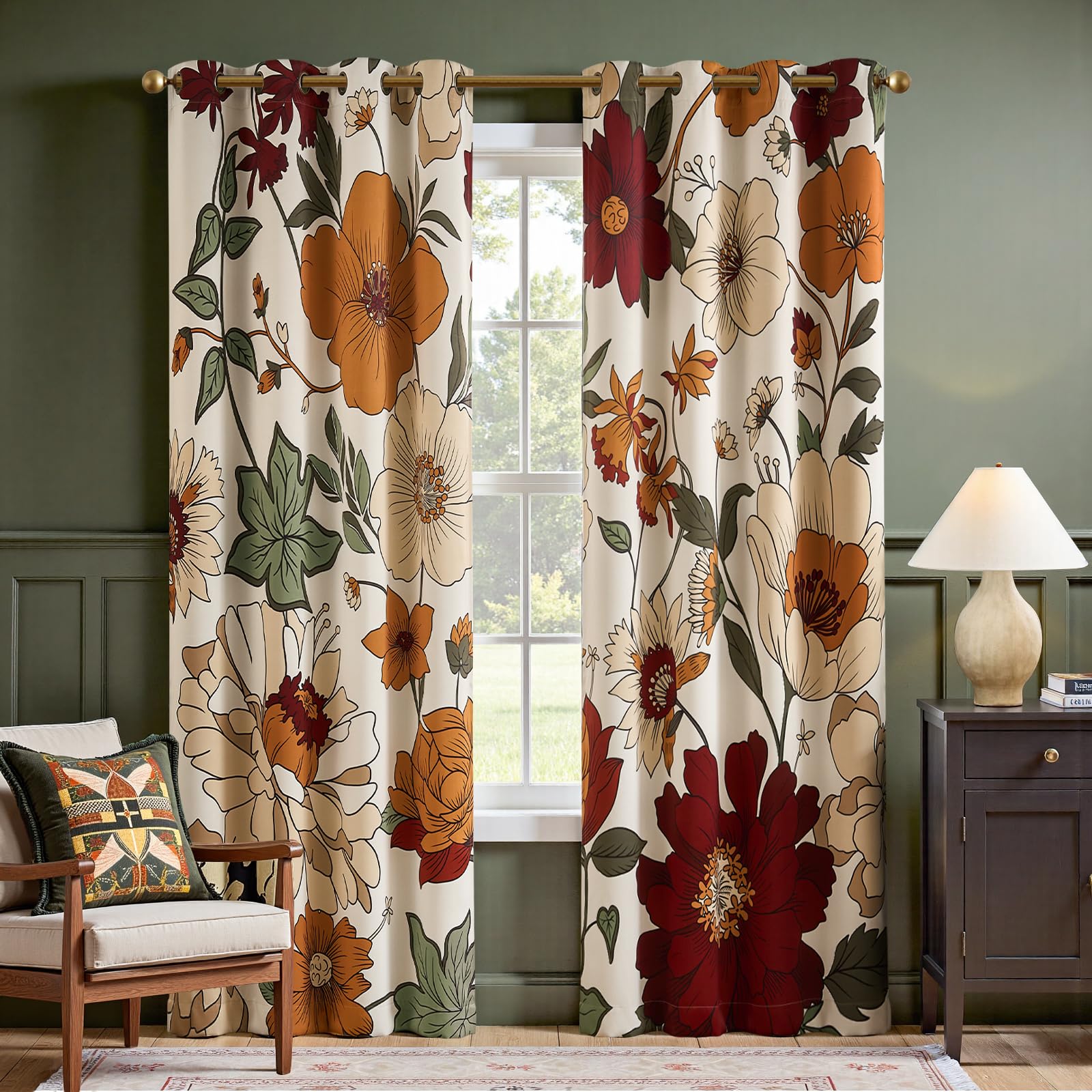 JINCHAN Lora floral curtains front view with beige tone, two-panel setup for a warm living space.